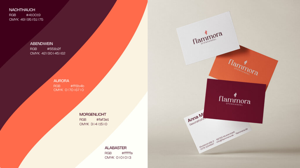 Flammora Corporate Design, Visitenkarten und Farbcodes